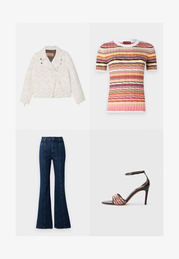 Valge chevron-mustriline jakk, mis on valmistatud tekstuurilisest kangast. Omab narmast kaelust, esist zip-suletavat taskut ja kahte lukuga taskut. Hõbedased detailid.; Mitmevärviline lühikeste varrukatega kootud topp, millel on laineline triibumuster roosa, oranži, musta ja kollase värviga. Omab valget soonikserva kaelust.; Tumedast sinisest denimist kõrge talje ja laienevate sääremudelitega teksad, millel on eesmine õmblus, nupsukinnise ja traditsiooniline viie tasku stiil.; Mustad mustakontsaga sandaal, millel on pahkluu rihm. Esitakse tekstureeritud, mitmevärvilise kangasnööriga varba kohal. Ümarda nahkviimistlus.