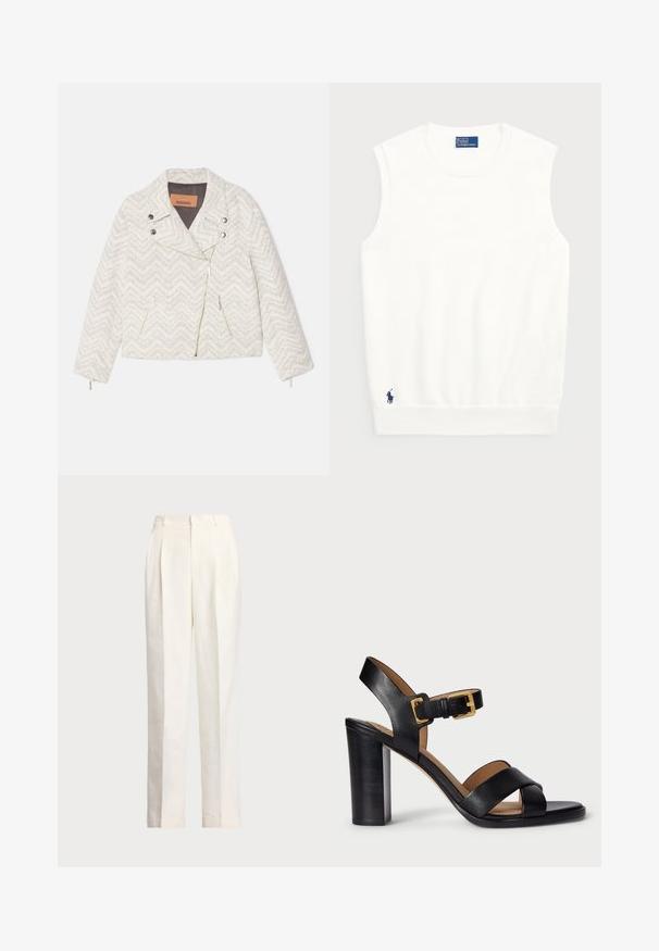 Fehér csepp mintás dzseki strukturált anyagból. Jellemzője a kivágott gallér, elülső cipzár és két cipzáras zseb. Ezüst színű fém elemek.; Fehér ujjatlan pulóver sima pamutból, bordás szegéllyel és kis sötétkék logóval a bal alsó részen. Egyszerű dizájn, minta nélkül.; Polo Ralph Lauren HEMP WIDE LEG PANT - Nadrágok - nevis; Fekete bőr, magas sarkú szandál, keresztbe futó pánttal és csattal. Jellemzője a vastag sarok és a sima textúra.