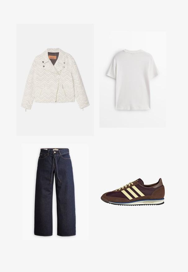 Witte chevronpatroon jas gemaakt van textuurstof. Bevat een notch-kraag, een voorruit, en twee met rits afgesloten zakken. Zilveren hardware accenten.; Wit katoenen T-shirt met korte mouwen, een ronde hals en een gladde textuur. De achterkant is effen zonder extra patronen of ontwerpen.; Wijd pijpjes donkerblauwe denim jeans met een hoge taille, voorzien van een trekkoord, vijf zakken en contrasterende stiksels.; Bruine en bordeauxkleurige sneaker van suede en mesh materiaal, met drie crèmekleurige strepen, een gemêleerd stof op de tong en een rubberen zool.