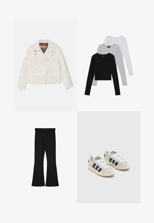 Weiße Jacke mit Zickzackmuster aus strukturiertem Stoff. Verfügt über einen Reverskragen, einen Frontreißverschluss und zwei Reißverschlusstaschen. Silberne Hardware-Details.; Drei langärmelige Oberteile gestapelt: schwarz, grau und weiß. Jedes hat einen runden Halsausschnitt und ein kurzes Design aus glattem, leichtem Stoff.; Schwarze Schlagleggings aus dehnbarem Stoff. Sie verfügen über einen breiten Bund und eine glatte Textur, mit einer enganliegenden Silhouette, die am Saum ausgestellt ist.; Graue Wildledersneaker mit weißen Schnürsenkeln, schwarzen Streifen und einer weißen Gummisohle. Merkmale sind ein kreisförmiges Logo auf der Zunge und eine Gummisohle.