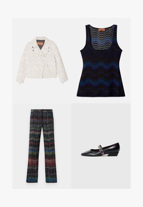 Fehér csepp mintás dzseki strukturált anyagból. Jellemzője a kivágott gallér, elülső cipzár és két cipzáras zseb. Ezüst színű fém elemek.; Ujjatlan felső hullámos mintával kék, fekete és szürke árnyalatokban. Könnyű anyagból készült, kerek nyakkivágással és bordázott textúrával rendelkezik.; Többszínű, csillogó, bőszárú nadrág, függőleges csíkos mintával fekete, piros, zöld, kék és arany árnyalatokban. Rugalmas derékpánt.; Fekete bőr magassarkú cipők hegyes orral, színes pánttal és aranyszínű hardverrel. Alacsony, szögletes tömbsarok.