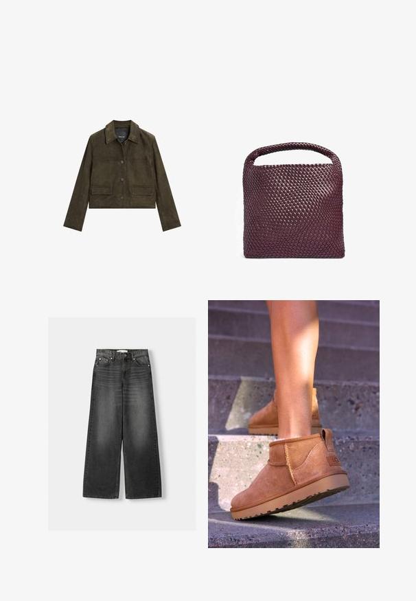 Geknipt olijfgroene leren jacket met een kraag, sluiting met knopen aan de voorkant en twee voorzakken. Gladde textuur en op maat gemaakte pasvorm.; Zwarte fuzzy gebreide trui met lange mouwen, ronde hals en een relaxte pasvorm. Zachte textuur met een iets oversized silhouette.; Brede pijpen, high-waisted jeans in donkergrijze denim. Kenmerken zijn vijf zakken, metalen klinknagels en riemlussen. Glad textuur met een lichte vervaging.; Tamme suède enkelboots met een zachte textuur, gestikte details en een rubberen zool, met een lusvormige hak voor gemakkelijk aan- en uittrekken.; Geweven leren handtas in diep bordeauxrood, vierkante vorm met een afgeronde handgreep en een gestructureerd oppervlakpatroon. Minimalistisch ontwerp.