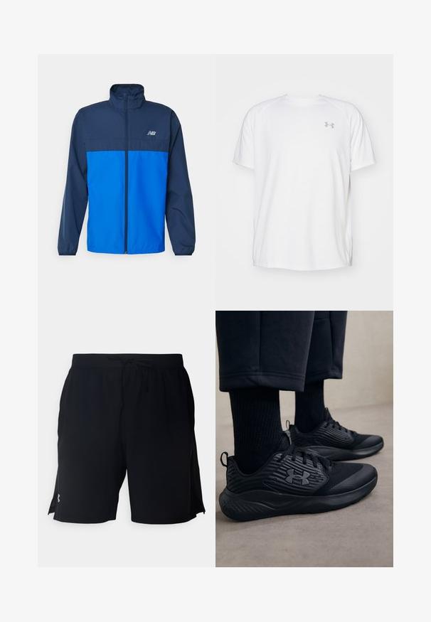 Marineblauwe ritsjack met hoge kraag, lange mouwen en 'NB'-logo op de borst. Gemaakt van lichtgewicht, gladde stof.; Witte sportieve T-shirt met korte mouwen, gemaakt van gladde stof. Heeft een ronde hals en een grijs logo op de linkerkant van de borst, met zijsplitten aan de zoom.; Zwarte sportshorts van lichtgewicht stof, met een elastische tailleband met trekkoord en zijpaneel van mesh voor ventilatie.; Persoon in zwarte sport sneakers met gestructureerde zijkanten en logo, gecombineerd met zwarte sokken en cropped broek op een lichte vloer.