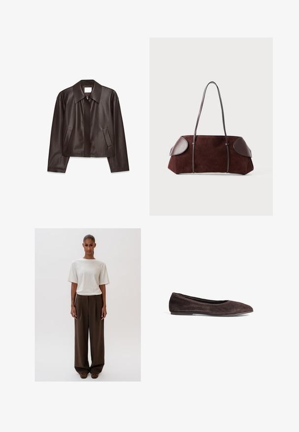 Tamsiai ruda odinė striukė su priekiniais užtrauktukais, plačiu apykakle, ilgomis rankovėmis ir dviem įstrižais šoninėmis kišenėmis, parodyta plokščiai ant balto fono.; Balta trumpų rankovių palaidinė su tekstūruotu, raukšlėtu raštu ir apvalia iškirpte. Pagaminta iš minkštos medžiagos. Trumpa ilgis.; Kreminės baltos spalvos laisvai krentančios marškinėliai trumpomis rankovėmis, derinami su aukštu liemeniu ir plačiomis rudos spalvos kelnėmis. Paprastas dizainas, minkštos tekstūros.; Rudi zomšos balerinos su smailiu nosiu ir žemu profiliu. Yra lygus tekstūra ir minimalistiškas dizainas. Nėra matomų detalių ar akcentų.; Rudas zomšos maišas su odiniais akcentais, struktūrinė forma, dvi pečių rankenos ir apskriti kampai, pasižymintis lygiu paviršiumi ir minimaliais aksesuarais.