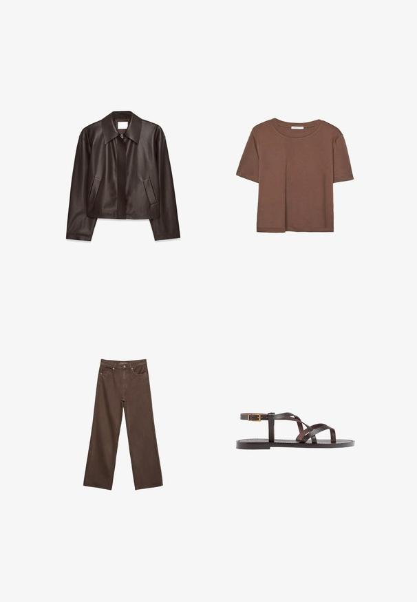 Veste en cuir marron foncé avec fermeture éclair devant, large col, manches longues et deux poches latérales inclinées, présentée à plat sur un fond blanc.; T-shirt marron à manches courtes en tissu doux, avec un col rond et une coupe décontractée. Aucun motif ni accent visible.; Jean brown à jambes larges en denim, doté d'une taille haute, de poches avant et d'une fermeture à bouton classique. Texture lisse avec des coutures subtiles.; Sandale en cuir marron avec des brides entrecroisées, une fermeture à boucle à la cheville et une semelle plate avec des détails de couture minimaux.