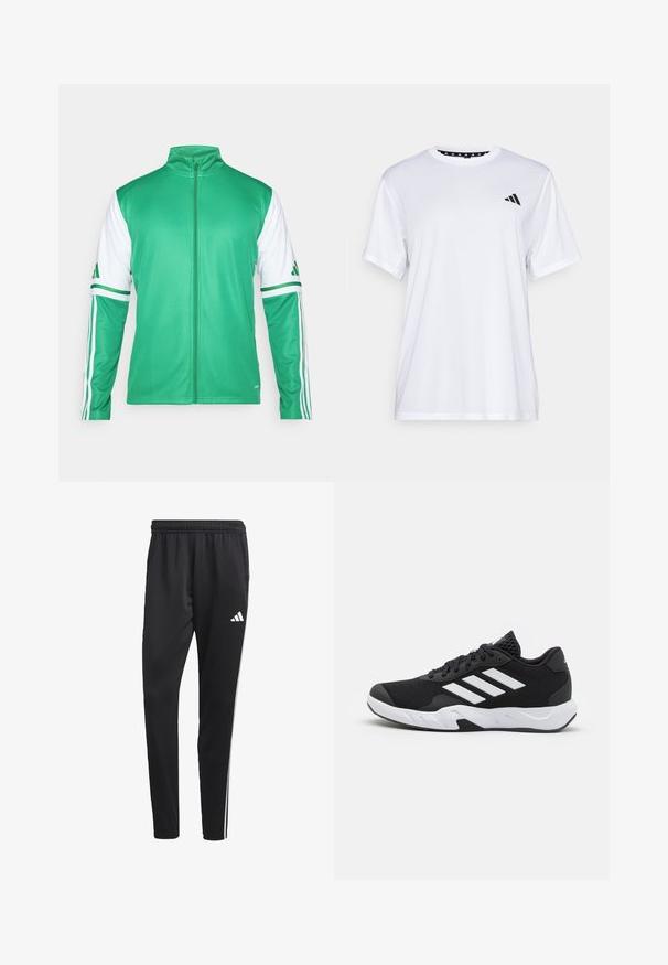 Jachetă verde cu fermoar, confecționată dintr-un material neted, cu mâneci albe decorate cu trei dungi verzi și guler montant.; Tricou sportiv alb cu mâneci scurte, fabricat dintr-un material care elimina umezeala. Are un logo negru pe pieptul stâng și o guler interiory cu un design patterned.; Pantaloni sport negru cu un brâu elastic, dungi albe pe lateral și un mic logo alb pe coapsă. Realizați dintr-un material neted și ușor.; Pantofi sport negri cu un material din plasă texturată, benzi albe de accent, o talpă cushioned și un călcâi întărit pentru suport.