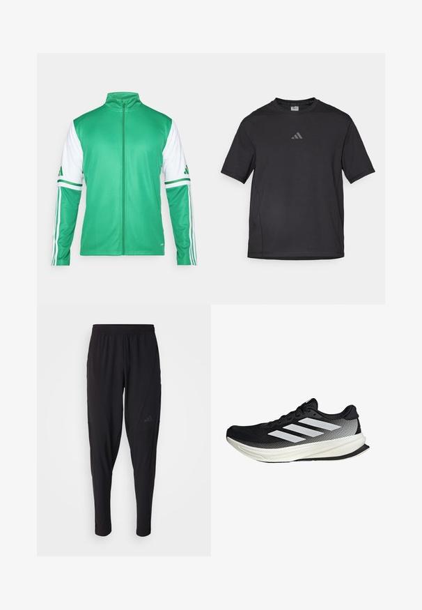 Groene ritssluitingjack gemaakt van gladde stof, met witte mouwen met drie groene strepen en een staande kraag.; Zwart sport t-shirt van ademend materiaal, met korte mouwen, een ronde hals en een reflecterende logo op de borst.; Zwarte sportbroek met een elastische tailleband, taps toelopend ontwerp, zijzakken en subtiele logodetails. Gemaakt van flexibele, ademende stof.; Zwarte sportieve schoen met een mesh ontwerp, voorzien van witte strepen, een ronde neus en een gestructureerde zool voor grip en ondersteuning.