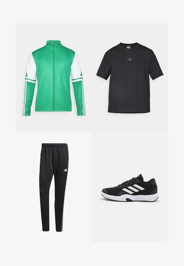 Vihreä vetoketjullinen takki, joka on valmistettu sileästä kankaasta. Takissa on valkoiset hihat, joissa on kolme vihreää raitaa, sekä pystykaulus.; Musta urheilupaita, joka on valmistettu hengittävästä materiaalista, jossa on lyhyet hihat, pyöreä kaula-aukko ja heijastava logo rinnassa.; Mustat urheiluhousut, joissa on joustava vyötärö, valkoiset sivuraidat ja pieni valkoinen logo reidessä. Valmistettu sileästä, kevyestä materiaalista.; Mustat urheilukengät, joissa on teksturoitu verkkomateriaali yläosassa, valkoiset korostusraidat, pehmustettu pohja ja vahvistettu kanta tuen vuoksi.