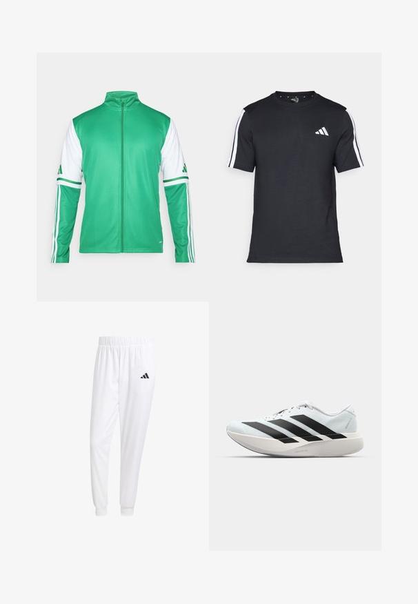 Grønn glidelåsjakke laget av glatt stoff, med hvite ermer med tre grønne striper, og stående krage.; Svart T-skjorte laget av bomull med korte ermer, med hvite striper på skuldrene og en hvit logo på venstre bryst.; Hvite treningsbukser laget av glatt stoff, med elastisk midje og tettsittende mansjetter, med en svart logo på baklommen.; Lette løpesko i lys blå med svarte striper. Har en myk overdel, rund tå og tykk hvit mellomsole merket "LIGHTSTRIKE PRO."