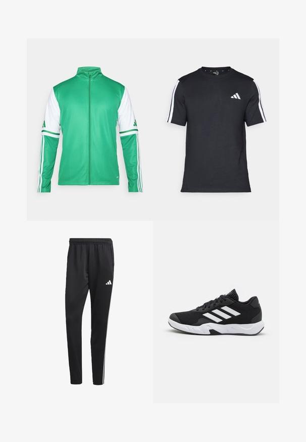 Roheline tõmmatav jakk, mis on valmistatud siledast kangast, valgete varrukatega, millel on kolm rohelist triipu, ning püsti krae.; Mustvalge T-särk puuvillast, lühikeste varrukatega, millel on valged triibud õlgadel ja valge logo vasakul rinnal.; Mustad mustri värvi spordipüksid venitatava vööõhuga, valged külgtriibud ja väike valge logo reie peal. Valmistatud siledast, kergest materjalist.; Mustad mustosportlikud jalanõud, millel on tekstuuriga võrkpealne, valged aksenttriibud, pehme tallaga ja tugevdatud konts toe jaoks.