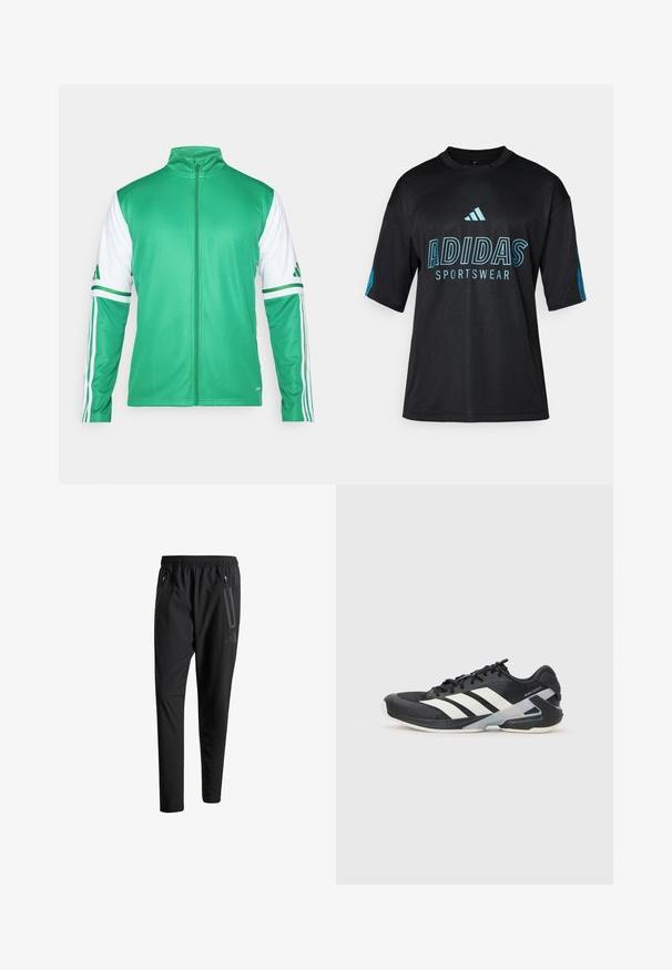 Grüne Zip-Jacke aus glattem Stoff, mit weißen Ärmeln und drei grünen Streifen sowie einem Stehkragen.; Schwarzes Adidas-Sportshirt mit Mesh-Textur, kurzen Ärmeln, rundem Kragen und blauen Logo- sowie Textdetails auf der Vorder- und den Ärmeln.; Schwarze Sporthose mit elastischem Bund, zwei Reißverschlusstaschen an den Seiten, schmal zulaufenden Beinen und einem dezenten Logo-Detail an der Hüfte.; Schwarzer Sportschuh mit weißen Streifen, Obermaterial aus Mesh, runde Zehenform und gepolstertem Sohlenteil. Verfügt über eine strukturierte Ferse und ein sicheres Schnürsystem.