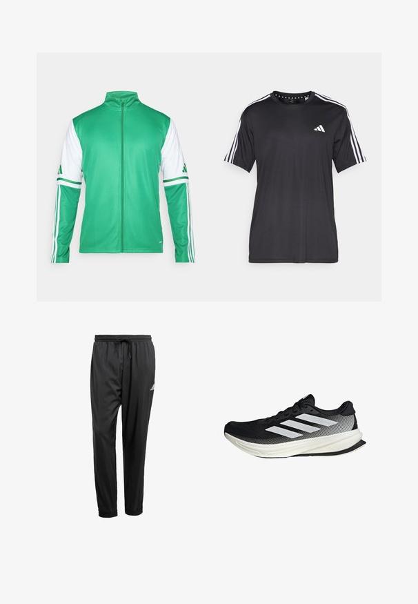 Green zip-up jacket made of smooth fabric, featuring white sleeves with three green stripes, and a stand-up collar.; Black short-sleeve t-shirt with white three-stripe design on shoulders and logo on the chest. Made from breathable fabric, smooth texture.; Black athletic pants with elastic waistband, drawstring, cuffed ankles, and a small white logo on the right thigh.; Black athletic shoe with a mesh design, featuring white stripes, a rounded toe, and a textured sole for grip and support.