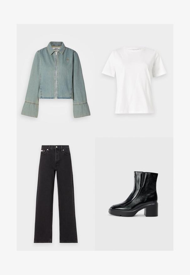 Skrajšani jeans jakna v svetlo modri barvi z zadrgo spredaj, koničastim ovratnikom in zvonastimi rokavi. Ima subtilne šive in vezeno logotip.; Bela bombažna majica s kratkimi rokavi, okroglo izrezana in ohlapnega kroja. Gladka tekstura, brez vzorcev ali dodatkov, minimalističen dizajn.; Črne široke jeans hlače iz denima, s poudarjenim pasom, petimi žepi in kovinskim gumbom za zapiranje ter kontrastnim šivanjem.; Črne lakirane gležnjarje z ukrivljenim nosom, elastičnimi stranskimi paneli in debelim blokastim peto. Imajo vtisnjen logotip na zadnjem delu.