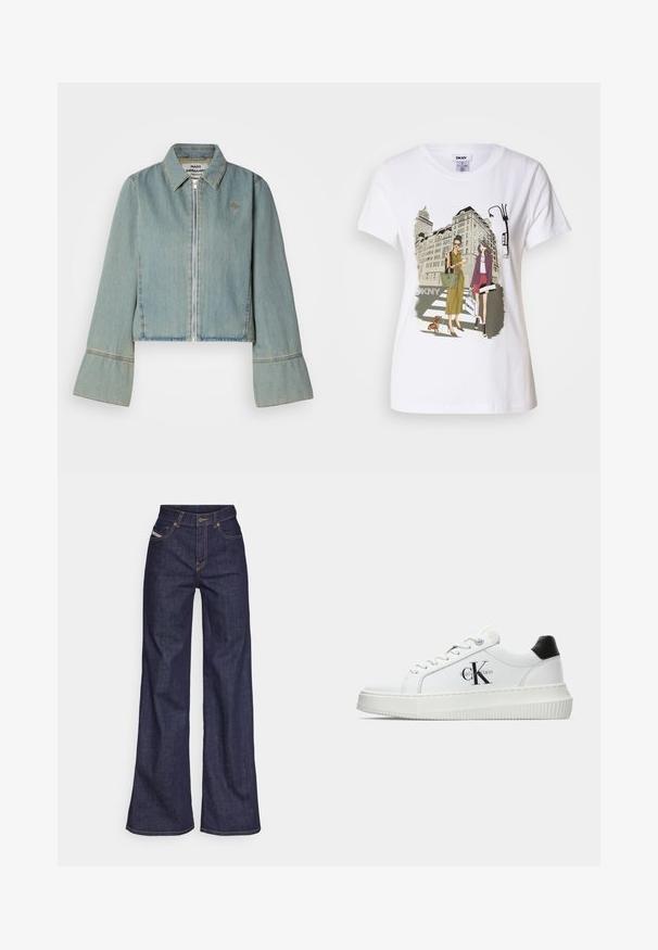 Kort denimjacka i ljusblått med frontdragkedja, spetsig krage och trumpetärmar. Har subtila sömdetaljer och en broderad logotyp.; Vitt bomulls-T-shirt med en tryckt illustration av två kvinnor i urbana mode stilar med en hund på ett övergångsställe och stadens byggnader.; Mörkblå vida jeans i denimtyg med hög midja, med orange sömmar, femficksdesign och knappstängning.; Vit lågtopp sneakers med svart hälflik, platåsål, snörning och Calvin Klein "CK" logotyp på sidan.