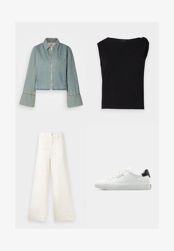 Cropped denim jacket in light blue with a front zipper, pointed collar, and bell sleeves. Features subtle stitching details and an embroidered logo.; Black short-sleeve top made of smooth fabric. Features a round neckline and draped detail on the shoulder. Simple, fitted design.; Wide-leg trousers in light beige cotton. Features a high waist, front pockets, and a straight cut. Clean hem finishing without patterns.; White sneaker with a smooth finish, black heel accent, and lace-up design. Features "Calvin Klein" branding on the side. Minimalist style.