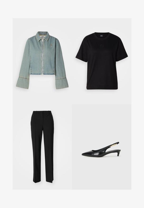 Šviesiai mėlynas trumpas džinsinis švarkas su priekiniais užtrauktukais, smailiu apykakle ir varpelių formos rankovėmis. Yra subtilių siuvimo detalių ir išsiuvinėtas logo.; Juodas medvilninis marškinėliai su apvalia iškirpte, trumpomis rankovėmis ir siuvinėjimu ant krūtinės. Paprastas, laisvas siluetas be raštų.; Juodi pritaikyti kelnių modeliai su tiesiomis kojomis, pasižyminčios lygiomis tekstūromis ir ryškiomis klostėmis priekyje. Nėra matomų detalių.; Juodas odinis pavasario batelių modelis su smailiu nosiu, turintis siaurą kulniuką ir auksinės spalvos akcentu reguliuojamoje juostoje. Lygi tekstūra.