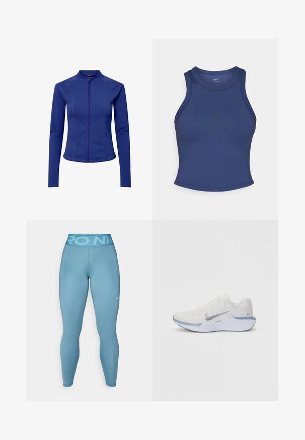 Blue long-sleeve jacket made of smooth, stretchy fabric. Features a high collar and front zipper, with tailored seams for a fitted look.; Navy blue athletic tank top made of smooth fabric, featuring a rounded neckline and fitted design, with flat seams and no visible logos.; Light blue athletic leggings with a smooth texture and high waistband featuring "PRO NIKE" lettering. Includes a small white Nike logo.; White athletic shoe with a textured mesh upper, silver accents, and a light blue sole. Features round laces and a cushioned heel.