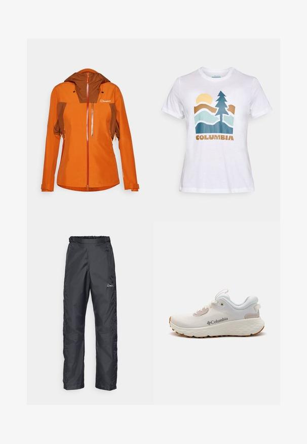 Orange vandtæt jakke med en brun accent, høj krave og justerbare manchetter. Har en frontlynlås lomme og logo.; Hvid kortærmet T-shirt med et grafisk motiv af en sol, et træ, bjerge og ordet "Columbia" i brune bogstaver på forsiden.; Berghaus DELUGE 2.0  - Outdoorbukser - black; Letvægts Columbia atletiksko i hvid mesh med en struktureret grå sål og gummitræk. Har en polstret krave og snørebåndsdesign.