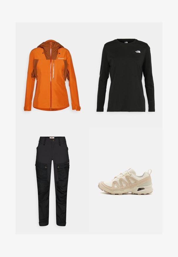 Orange vandtæt jakke med en brun accent, høj krave og justerbare manchetter. Har en frontlynlås lomme og logo.; Sort langærmet t-shirt lavet af bomuld med rund hals. Har et lille hvidt logo på venstre brystområde. Enkel design og pasform.; Sorte cargo bukser lavet af slidstærkt stof, med flere lommer, lynlås foran og flad talje. Teksturerede detaljer ved knæene og siderne.; Beige og creme atletiksko med struktureret mesh-overdel, støttende overlays og gummiyderside med et mønster for trækkraft.