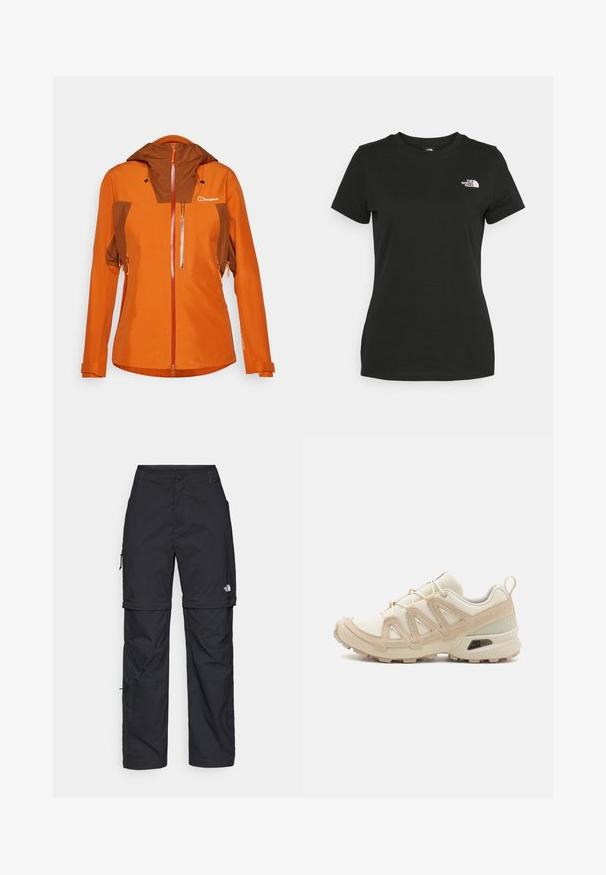 Orange vandtæt jakke med en brun accent, høj krave og justerbare manchetter. Har en frontlynlås lomme og logo.; Sort bomulds T-shirt med rund halsudskæring og korte ærmer. Bemærkelsesværdig hvid logo på øverste venstre side. Glat tekstur, afslappet pasform.; Sorte nylon cargo bukser med lynlås, justerbare manchetter, flere lommer og et logo på højre ben. Glat, let tekstur.; Beige og creme atletiksko med struktureret mesh-overdel, støttende overlays og gummiyderside med et mønster for trækkraft.