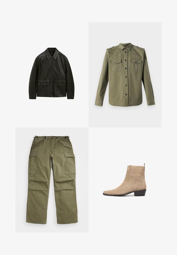 Schwarze Lederjacke mit Reißverschluss, Spitzkragen und zwei Fronttaschen. Mit kontrastierenden Nähten und einer glatten Textur.; The Kooples CHEMISE - Hemd - olive night; Helles graues, übergroßes T-Shirt mit einem Rundhalsausschnitt und rohen Kanten. Verfügt über einen worn-out Look an den Schultern und kurzen Ärmeln.; Olivegrüne Cargo-Hosen aus strukturiertem Stoff, mit mehreren Front- und Seitentaschen sowie verstärkten Nähten an den Säumen.; Beige Wildleder-Ankle-Boot mit spitzer Zehe, minimalistischem Design und niedrigem Blockabsatz. Verfügt über eine Ziehlasche an der Rückseite für ein einfaches Anziehen.