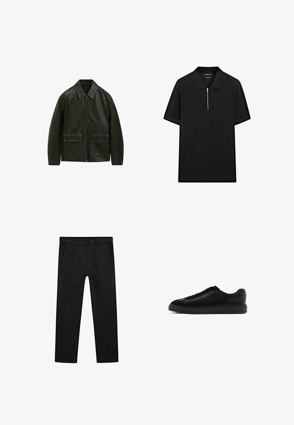 Black leather jacket with a zip closure, point collar, and two front pockets. Features contrasting stitching and a smooth texture.; Black short-sleeve polo shirt with a stand collar and a front zipper. Made of a smooth fabric with a clean, minimalist design.; Black cotton pants featuring a straight-leg design, front pockets, and a classic button closure with a zip fly. Smooth texture, tailored fit.; Black leather sneakers with a smooth finish, round toe, lace-up front, and a contrasting textured tongue. Thick black rubber sole.