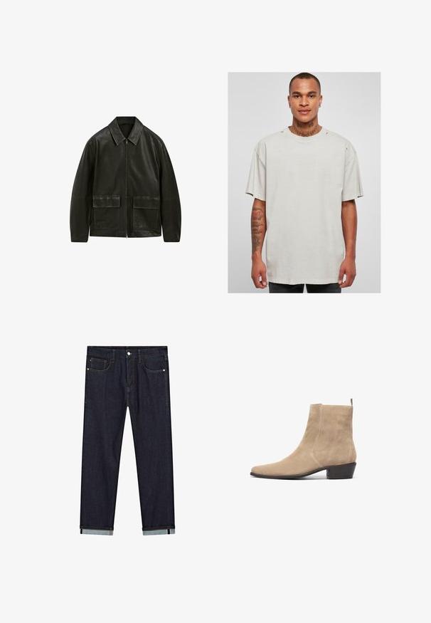 Schwarze Lederjacke mit Reißverschluss, Spitzkragen und zwei Fronttaschen. Mit kontrastierenden Nähten und einer glatten Textur.; Helles graues, übergroßes T-Shirt mit einem Rundhalsausschnitt und rohen Kanten. Verfügt über einen worn-out Look an den Schultern und kurzen Ärmeln.; The Kooples CHEMISE - Hemd - olive night; Dunkelblaue Jeans aus Denim mit geradem Schnitt, die fünf Taschen, einen Knopfverschluss und hochgekrempelte Säume mit kontrastierendem, hellerer Stoff aufweisen.; Beige Wildleder-Ankle-Boot mit spitzer Zehe, minimalistischem Design und niedrigem Blockabsatz. Verfügt über eine Ziehlasche an der Rückseite für ein einfaches Anziehen.