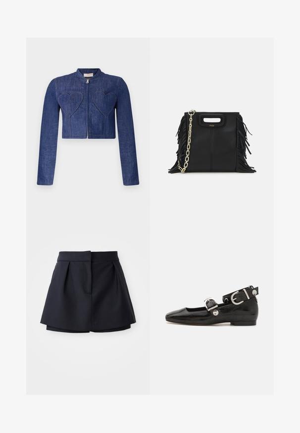 Jeansjacka med kort längd i mörkblått med långa ärmar, dragkedjestängning och hjärtformade lappar på framsidan. Har synlig sömnad.; Marinblå ribbad polo-shirt med spetsig krage, korta ärmar och två framfickor med knappslut; framhävd med vita sömdekorationer.; Marinblå plisserade shorts med hög midja, tillverkade av mjukt tyg. Har en figurnära design och en dold framficka.; Svart lacklädersplattork med fyrkantig tå, ankelrem med silverfärgad detalj och platt sula. Slät yta med minimalistisk design.; Svart läderhandväska med fransdetaljer, guldkedja som axelrem och ett handtag med urtag. Har logotyp placering framtill.