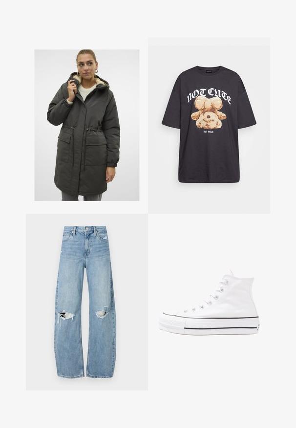 Tmavozelený dlhý parka s kapucňou, vybavený mäkkou vnútornou podšívkou, elastickými manžetami a dvoma prednými vreckami. Sťahovací pás na nastavenie veľkosti.; Čierne oversized tričko s grafikou medveďa a textom "NIE ROZTOMILÉ ALE DIVOKÉ" v tučnom bielom písmene. Bavlnený materiál.; Svetlomodré, vysoké džínsy vyrobené z denimu. Majú široké nohavice, dve roztrhnuté kolená a klasický päťvreckový strih.; Biele vysoké plátené tenisky s čiernou gumovou podošvou, prednou gumovou špičkou a šiestimi okami na šnúrky, s čistým, minimalistickým dizajnom.