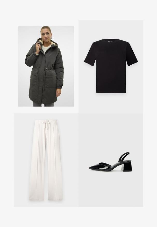 Tamsiai žalias ilgas parka su gaubtu, turintis minkštą vidinį pamušalą, elastinius rankogalius ir dvi priekinės kišenes. Tapatinimo juosta juosmeniui, leidžianti reguliuoti prigludimą.; Juodas trumpas rankovės marškinėlis su apvaliu iškirpimu, pagamintas iš minkštos medvilnės medžiagos. Paprastas dizainas, be matomų logotipų ar raštų.; Šviesiai smėlio spalvos sportinės kelnės, pagamintos iš minkštos medžiagos, su raišteliu juosmenyje, plačiomis ilgomis kojomis ir vertikaliomis siūlėmis, turinčios lygų paviršių.; Juodos lakuotos odinės šlepetės su smailiu pirštu ir geometriniu bloko kulnu. Turi elegantišką, minimalistinį dizainą ir lygų paviršių.