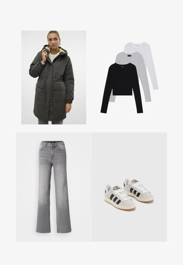 Temno zelena dolga parka s kapuco, ki vsebuje mehko notranjo podlogo, elastične manšete in dva sprednja žepa. Pas z vrvico za prilagodljivost.; Tri dolga rokava zložena: črna, siva in bela. Vsaka ima okroglo izreznico in skrajšan dizajn z gladkim, lahkotnim materialom.; Visoko pasu naravnost krojene sivo denim hlače z gumbom in zadrgo spredaj, sprednjimi in zadnjimi žepe ter zbledelim odtenkom na stegen in tele. ; Sive športne čevlje iz semiša z belimi vezalkami, črnimi črtami in belim gumijastim podplatom. Imajo okroglo oznako na ježku in podplat iz gume.