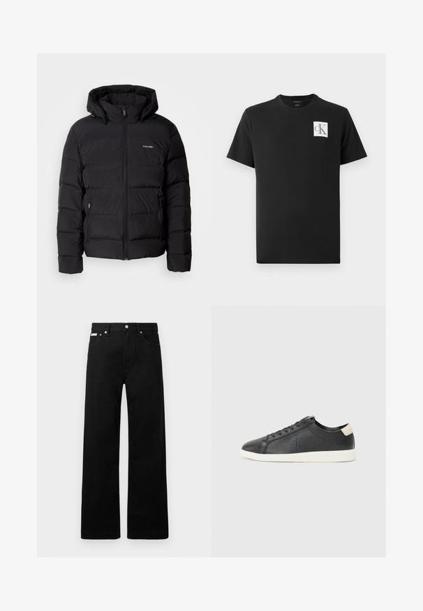 Črna puhovka z zadrgo na sprednji strani in nastavljivo kapuco. Značilne so kviltane plošče, dva stranska žepa in majhen logotip na prsih.; Črna bombažna majica s kratkimi rokavi in okroglo ovratnikom. Ima bel kvadratni logotip z "CK" v črni barvi na levem prsnem delu.; Črne jeans hlače širokega kroja, z petimi žepi in kovinskimi gumbi. Gladka tekstura, brez vidnih vzorcev.; Črne usnjene superge z teksturiranim zaključkom, okroglo konico, belo gumo na podplatu in bež akcentom na peti. Imajo črne vezalke in detajl z logotipom.