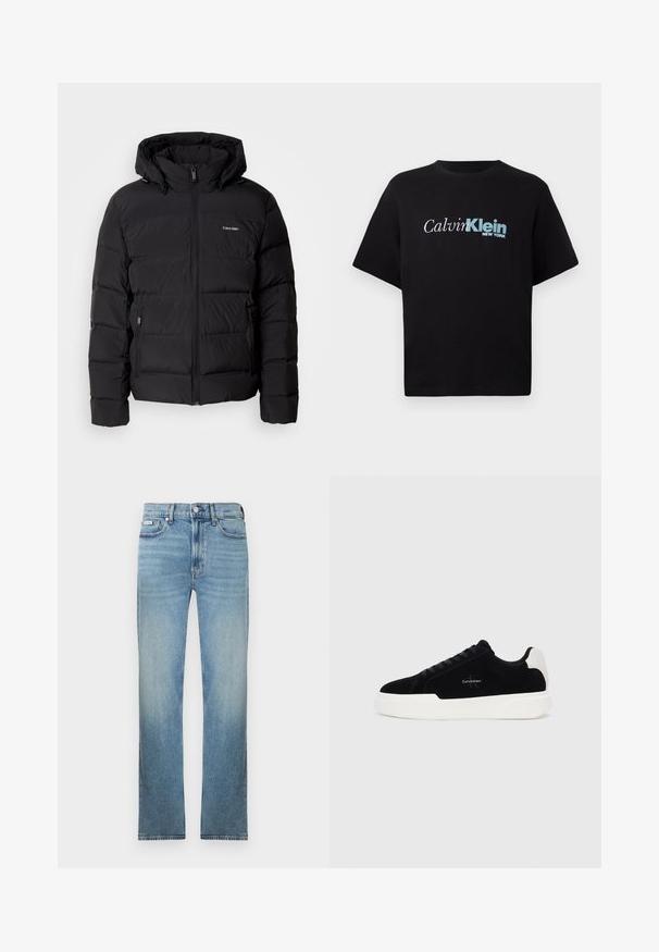 Casaco insuflável preto com fecho frontal e capuz ajustável. Apresenta painéis acolchoados, dois bolsos laterais e um pequeno logótipo no peito.; T-shirt preto de manga curta com o logótipo "Calvin Klein New York" em branco e azul centrado no peito, em fundo simples.; Jeans de ganga azul claro com corte de perna reta, design de cinco bolsos e acabamento desbotado. Apresenta fecho de botão e passantes para cinto.; Sapatilha preta de cano baixo com sola e aba do calcanhar brancas, com atacadores à frente e logotipo da Calvin Klein na lateral.