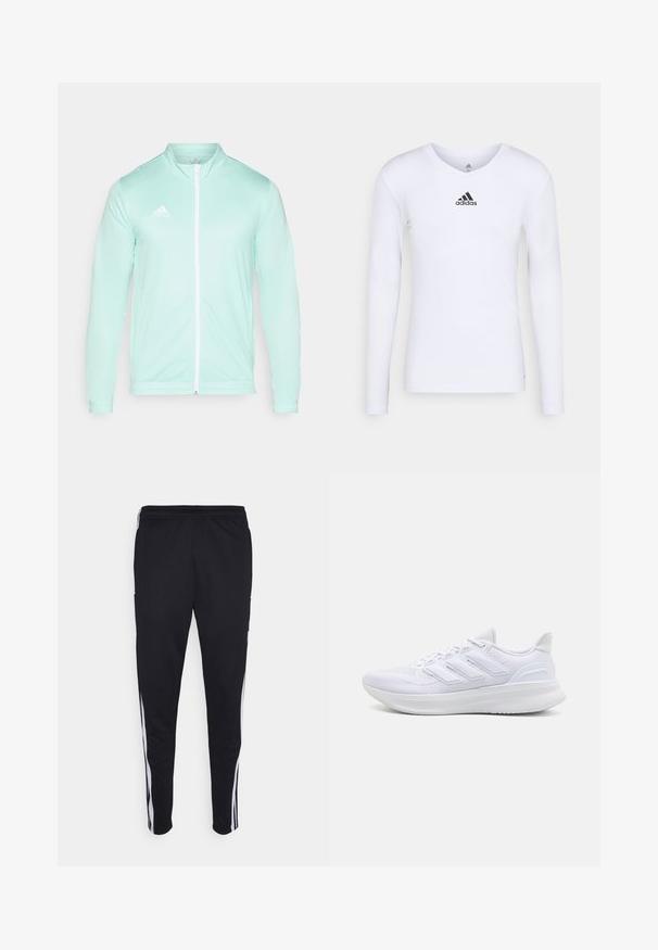 Light mint green track jacket with a high collar and full front zipper. Features ribbed cuffs and an embroidered white logo on the left chest.; Long-sleeve white athletic shirt made of smooth material featuring a black Adidas logo at the chest; V-neck design and fitted shape.; Black athletic pants with a relaxed fit, featuring white side stripes, a drawstring waist, and two side pockets. Made from soft fabric.; White athletic shoes featuring a textured mesh upper, supportive cushioned sole, and three stripe design on the side.