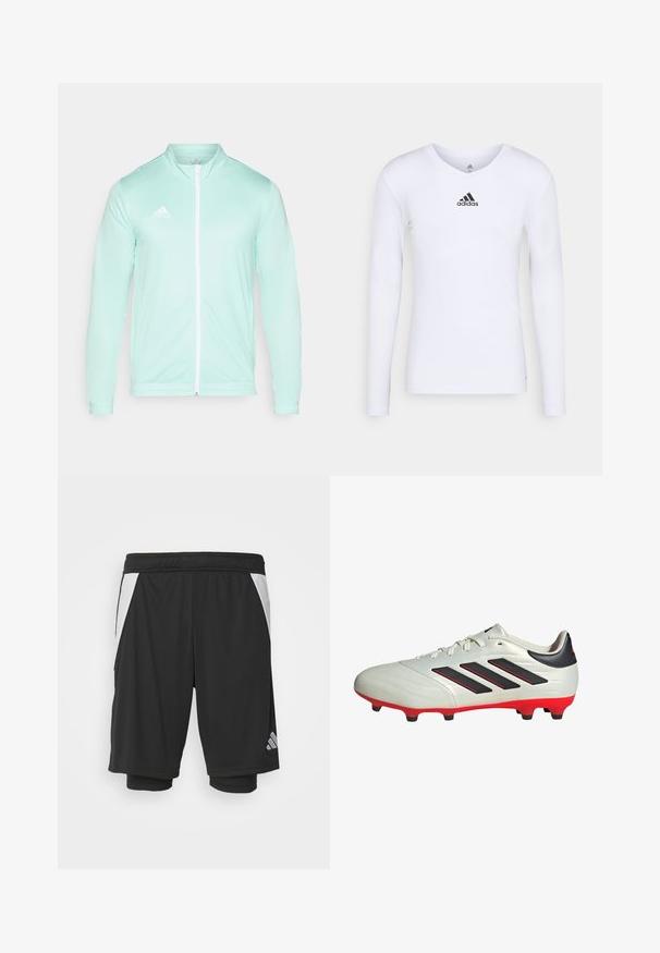 Light mint green track jacket with a high collar and full front zipper. Features ribbed cuffs and an embroidered white logo on the left chest.; Long-sleeve white athletic shirt made of smooth material featuring a black Adidas logo at the chest; V-neck design and fitted shape.; Black athletic shorts with a lightweight fabric, white side panels, elastic waistband, and a reflective logo detail on the bottom left.; White soccer cleat with black accents and red sole. Features three black stripes on the side and a smooth textured upper.