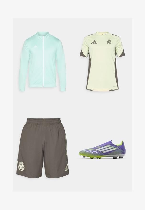 Svetlo mätová športová bunda s vysokým golierom a plným zipsom. Obsahuje rebrované manžety a vyšívané biele logo na ľavej hrudi.; Svetlozelený krátky rukáv dres s tmavosivými akcentmi, s logom tímu na hrudi, vyrobený z priedušného materiálu s technológiou odvádzania vlhkosti.; Šedé športové šortky s elastickým pásom, svetlozelenými bočnými pruhmi a bielym logom Real Madrid na ľavom leme.; Futbalová kopačka v púštine a zelenej farbe, so štíhlou konštrukciou, textúrovaným vrchom so vzorom pruhov a priesvitnou podrážkou.