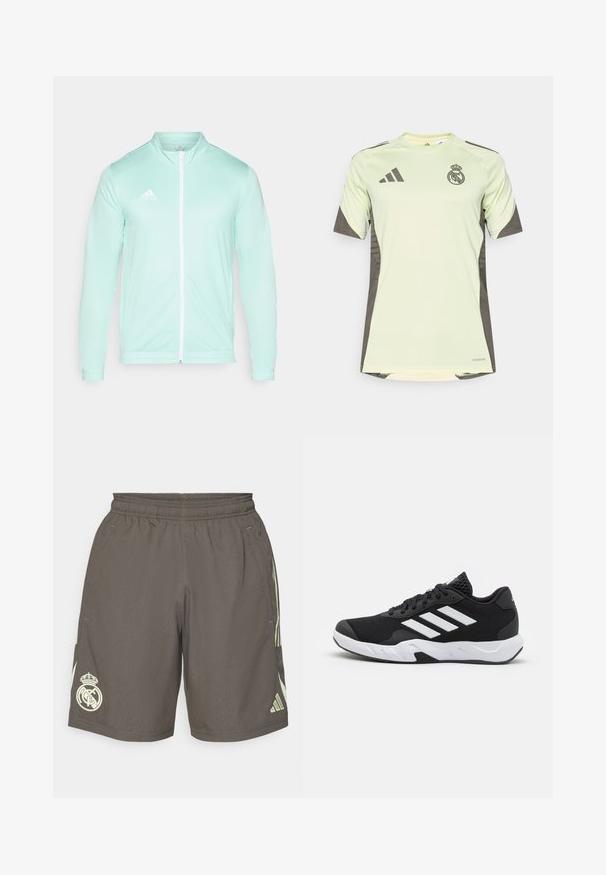 Helle mintgrüne Trainingsjacke mit hohem Kragen und vollem Frontreißverschluss. Verfügt über gerippte Bündchen und ein gesticktes weißes Logo auf der linken Brust.; Helles grünes Kurzarmtrikot mit dunkelgrauen Akzenten, auf der Brust mit dem Teamlogo, aus atmungsaktivem Material mit feuchtigkeitsableitender Technologie.; Graue Sportshorts mit elastischem Bund, hellgrünen Seitenstreifen und einem weißen Real Madrid-Logo am linken Saum.; Schwarze Sportschuhe mit einem strukturierten Mesh-Obermaterial, weißen Akzentstreifen, einer gepolsterten Sohle und einer verstärkten Ferse für Unterstützung.