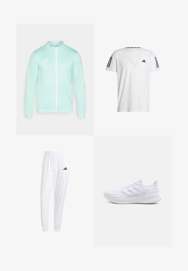 Licht mintgroene trainingsjack met een hoge kraag en een volledige ritssluiting. Heeft ribgebreide manchetten en een geborduurd wit logo op de linkerborst.; Witte T-shirt met korte mouwen, gemaakt van ademend materiaal, met een zwart driehoekig logo en drie zwarte strepen op elke schouder.; Witte sportbroek van gladde stof, met een elastische tailleband en smalle taillebanden, voorzien van een zwart logo op de achterzak.; Witte sportschoenen met een gestructureerde mesh bovenkant, een ondersteunende gevoerde zool en een ontwerp met drie strepen aan de zijkant.