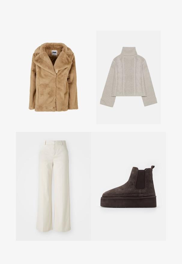 Bež kaput od lažnog krzna sa širokim ovratnikom, dugim rukavima i opuštenim krojem. Ima mekanu teksturu i čiste linije. Oznaka "Urban Classics."; Skraćeni, svijetlosivi pleteni pulover s visokim ovratnikom i rebrastim manžetama, sa teksturiranim cables uzorak na leđima i stranama.; Hlače širokih nogavica u svijetloj bež boji, izrađene od glatke tkanine. Imaju klasičnu elastičnu traku u struku i ravni prednji dio s čistim linijama.; Smeđe nubuk Chelsea čizme s elastičnim bočnim panelima i debelim, teksturiranim potplatima. Imaju traku za povlačenje na peti radi lakšeg obuvanja.