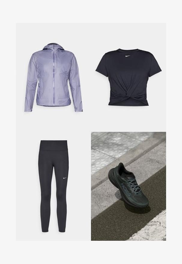 Ljuslila, lätt regnjacka med huva, dragkedjestängning och två framfickor. Har strukturerad tyg och minimalistisk design.; Svart atletisk t-shirt i mjukt tyg, med en knuten framdesign och en liten vit Nike-logga på bröstet.; Svarta leggings i elastiskt material, med hög midja och en vit Nike-logga på vänster lår. Slät textur, figurnära design.; Svart löparskor med mesh-overtäckning, strukturerade detaljer och logotyp, med en dämpad sula och grå snören, placerade på asfalt.