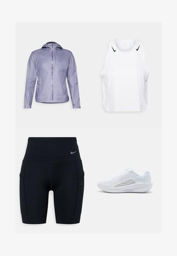 Ανοιχτό μωβ, ελαφρύ αδιάβροχο μπουφάν με κουκούλα, φερμουάρ και δύο μπροστινές τσέπες. Διαθέτει υφή υφάσματος και μινιμαλιστικό σχεδιασμό.; Λευκή αμάνικη φανέλα φτιαγμένη από ελαφρύ ύφασμα, με μαύρες λεπτομέρειες του λογότυπου Nike στους ώμους, στρογγυλή λαιμόκοψη και άνετη εφαρμογή.; Μαύρο αθλητικό σορτσάκι με ψηλή μέση από ελαστικό ύφασμα· διαθέτει πλαϊνές τσέπες και ένα μικρό λογότυπο Nike στη ζώνη.; Λευκό αθλητικό παπούτσι με πλέγμα επάνω, στρογγυλή μύτη και υφασμάτινη σόλα. Διαθέτει ασημένιο σήμα της Nike και μινιμαλιστικό σχεδιασμό.