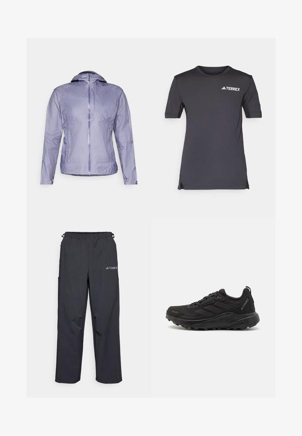 Chaqueta de lluvia ligera en púrpura claro, con capucha, cierre de cremallera y dos bolsillos frontales. Presenta una tela texturizada y un diseño minimalista.; Camisa de manga corta gris oscuro hecha de material ligero, con un escote redondo y un logo blanco de TERREX en el pecho.; Pantalones outdoor ligeros y negros con cintura elástica, bolsillos laterales y un logo en la parte superior de la pierna derecha. Tejido liso y resistente al agua.; Zapatillas deportivas negras con un empeine sintético texturizado, cierre de cordones, suela de goma gruesa y acentos de logo discretos en el lateral y el talón.