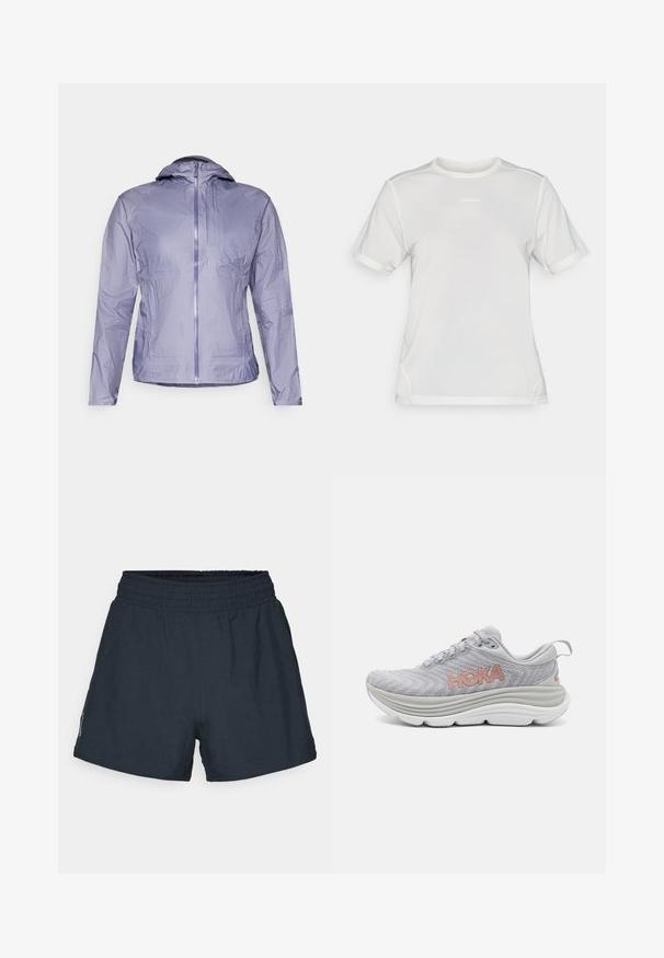 Casaco de chuva leve, de cor lilás, com capuz, fecho com zíper e dois bolsos frontais. Apresenta um tecido texturizado e um design minimalista.; Camisa atlética de malha branca de manga curta com gola redonda e pequeno logotipo "Salomon" centrado no peito.; Calções atléticos de um tom azul marinho escuro, feitos de um tecido leve. Cintura elástica, corte solto e sem bolsos ou padrões visíveis.; HOKA GAVIOTA 5 - Sapatos para corrida em estrada - harbor mist/rose gold