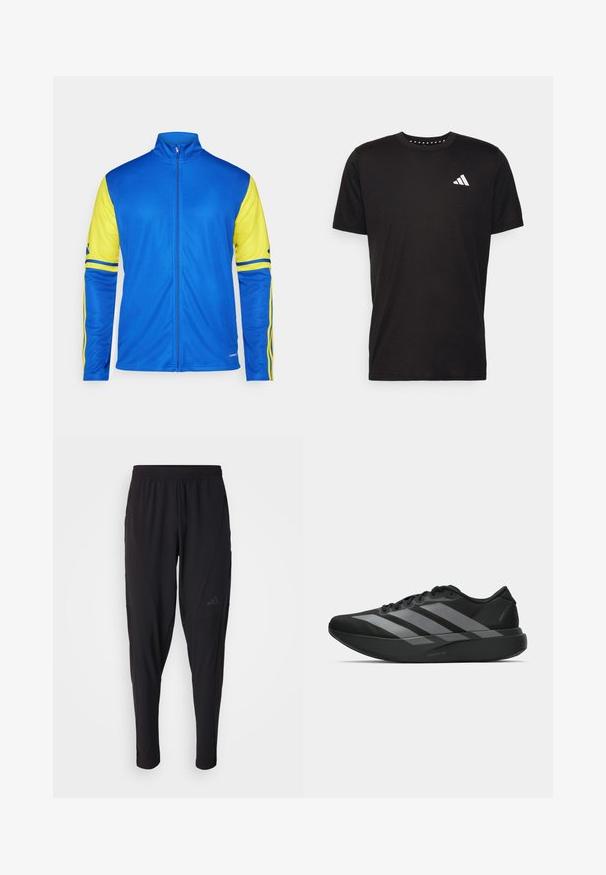 Trainingsjack in blauw met gele mouwen en strepen. Voorzien van een hoge kraag, volledige rits en een gladde textuur die geschikt is voor sportkleding.; Zwarte katoenen t-shirt met korte mouwen, ronde hals en een wit logo op de linkerkant van de borst. Gladde textuur en eenvoudig ontwerp.; Zwarte sportbroek met een elastische tailleband, taps toelopend ontwerp, zijzakken en subtiele logodetails. Gemaakt van flexibele, ademende stof.; Zwarte sportieve schoenen met een lichtgewicht ontwerp, voorzien van drie opvallende grijze strepen, een gladde textuur en een gevormde zool.