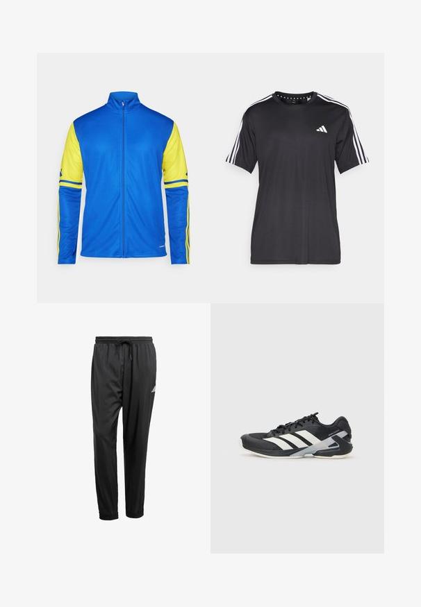 Trackjakke i blått med gule ermer og striper. Har høy krage, hel glidelås og glatt tekstur som passer til aktiv bruk.; Svart kortermet t-skjorte med hvit tre-stripesdesign på skuldrene og logo på brystet. Laget av pustevennlig stoff med glatt tekstur.; Svarte treningsbukser med elastisk linning, snor, mansjetter på anklene og en liten hvit logo på høyre lår.; Svart treningssko med hvite striper, mesh-overdel, avrundet tå og polstret såle. Har en teksturert hæl og et sikkert snøresystem.