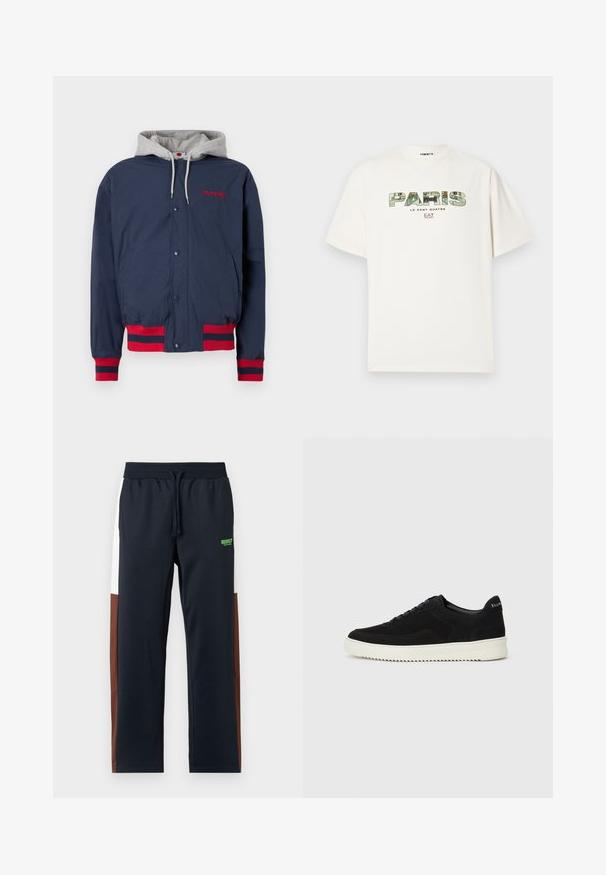Tumši zila jakas ar pelēku kapuci, sarkanu izšuvumu un sarkaniem svītrainiem akcentiem pie piedurknēm un apakšmalas. Izgatavota no viegla, teksturēta auduma.; Balti kokvilnas T-krekls ar lielu grafisku apdruku "PARIS" kamuflāžas dizainā. Īsās piedurknes un apaļš dekoltē. Ikdienišķs, brīvs pieskaņojums.; Tumši zils sporta bikses ar baltām un brūnām sānu svītrām, elastīgu jostu, auklu un zaļu logotipu pie gurniem. Mīksts, gluds materiāls.; Melnas zamšas kedas ar auklām un kontrastējošu baltu gumijas zoli. Iekļauj teksturētas sānu panēles un diskretu zīmolu uz papēža.