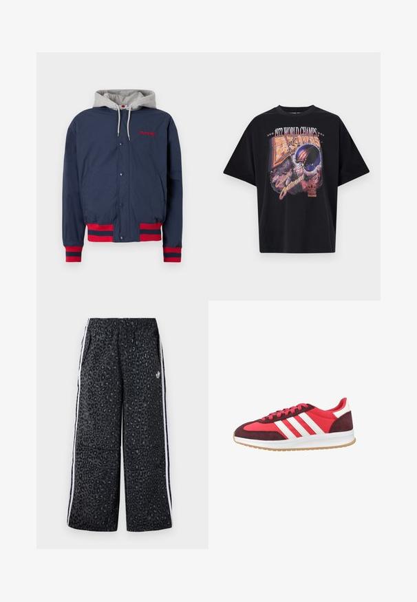 Mørkeblå jakke med grå hætte, rød broderi og røde stribede detaljer på manchetter og nederkant. Fremstillet af letvægts, struktureret stof.; Sort bomulds T-shirt med grafisk print, der viser "1972 WORLD CHAMPS," et hjelmdesign og "The Clash of Centuries" i livlige farver.; adidas Originals GRAPHIC UNISEX - Træningsbukser - black; Røde og bordeaux atletik sko med hvide striber, overdel i ruskind og syntetisk materiale, polstret sål og struktureret gummiydersål.