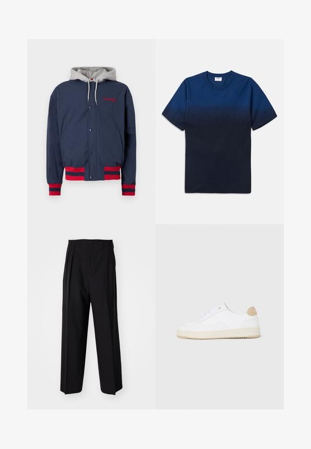 Sötétkék dzseki szürke kapucnival, piros hímzéssel és piros csíkos díszítéssel a mandzsettákon és az alján. Könnyű, texturált anyagból készült.; Tengerészsötét kék pamut póló kerek nyakkal, rövid ujjakkal, és egy finom átmeneti mintával, ami világosabból sötétebb árnyalatokba halad.; Fekete, pliszírozott nadrág, egyenes, széles lábakkal. Sima anyagból készült, gombos záródással és övhurkokkal rendelkezik.; Fehér, alacsony szárú sportcipők textúrált bőr felsőrésszel, krémszínű bordás talppal és barna sarokdíszítéssel. Fehér fűzőkkel és logóval ellátott sarokkialakítással rendelkezik.