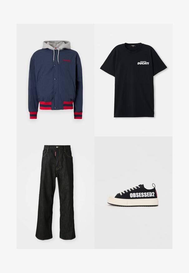Giacca blu navy con cappuccio grigio, ricamo rosso e dettagli a righe rosse sui polsini e sull'orlo. Realizzata in tessuto leggero e testurizzato.; T-shirt in cotone nero con maniche corte, con logo bianco "DSQUARED2 DUCATI" sul lato sinistro della parte anteriore. Design con colletto rotondo.; Jeans neri a gamba dritta con cuciture gialle, design a cinque tasche, chiusura con bottone e un piccolo etichetta rossa sulla tasca anteriore destra.; Sneaker nere in tela con testo bianco "OBSESSED2", suola in gomma crema, lacci piatti e linguetta sul retro. Vista laterale mostrata.