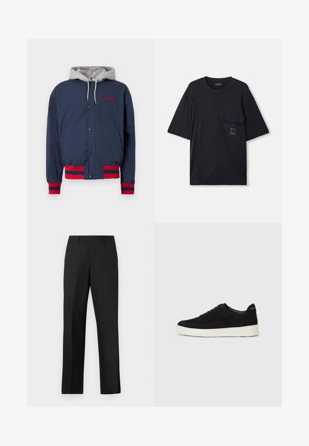 Chaqueta azul marino con capucha gris, bordado rojo y acentos a rayas rojas en los puños y el dobladillo. Fabricada en un tejido ligero y texturizado.; Camiseta negra de manga corta con cuello redondo y un bolsillo con solapa en el lado izquierdo del pecho, que presenta un pequeño parche rectangular con el logo.; Pantalones negros de pierna recta hechos de tela suave. Cuentan con una pretina estándar y no tienen patrones ni detalles visibles.; Zapatilla de ante negra con diseño de cordones y suela de goma blanca contrastante. Presenta paneles laterales texturizados y un sutil logo en el talón.